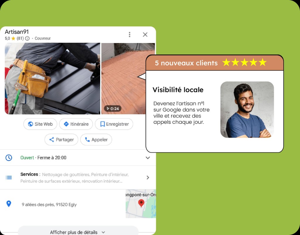Fiche Google Business sur téléphone : avis et fiche locale pour un artisan