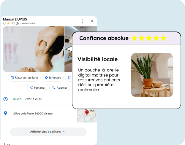 Maquette fiche Google Business pour praticien : visibilité locale, avis et prise de rendez-vous